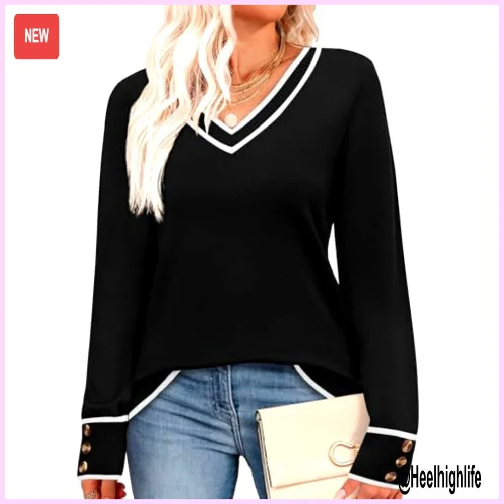 Lightweight V-Neck Pullover Sweater with Decorative Button Cuffs
